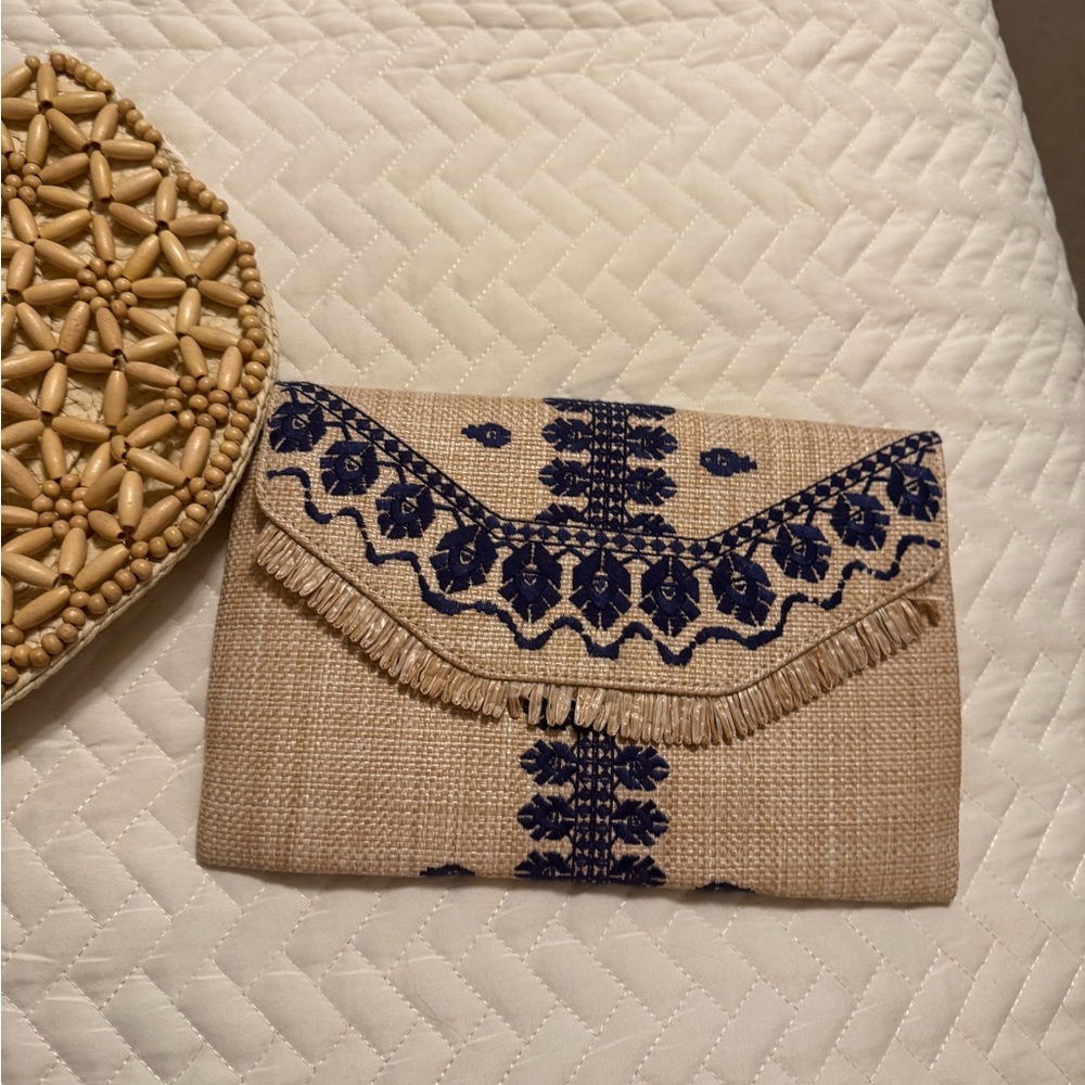 Embroidered Tan and Blue Clutch